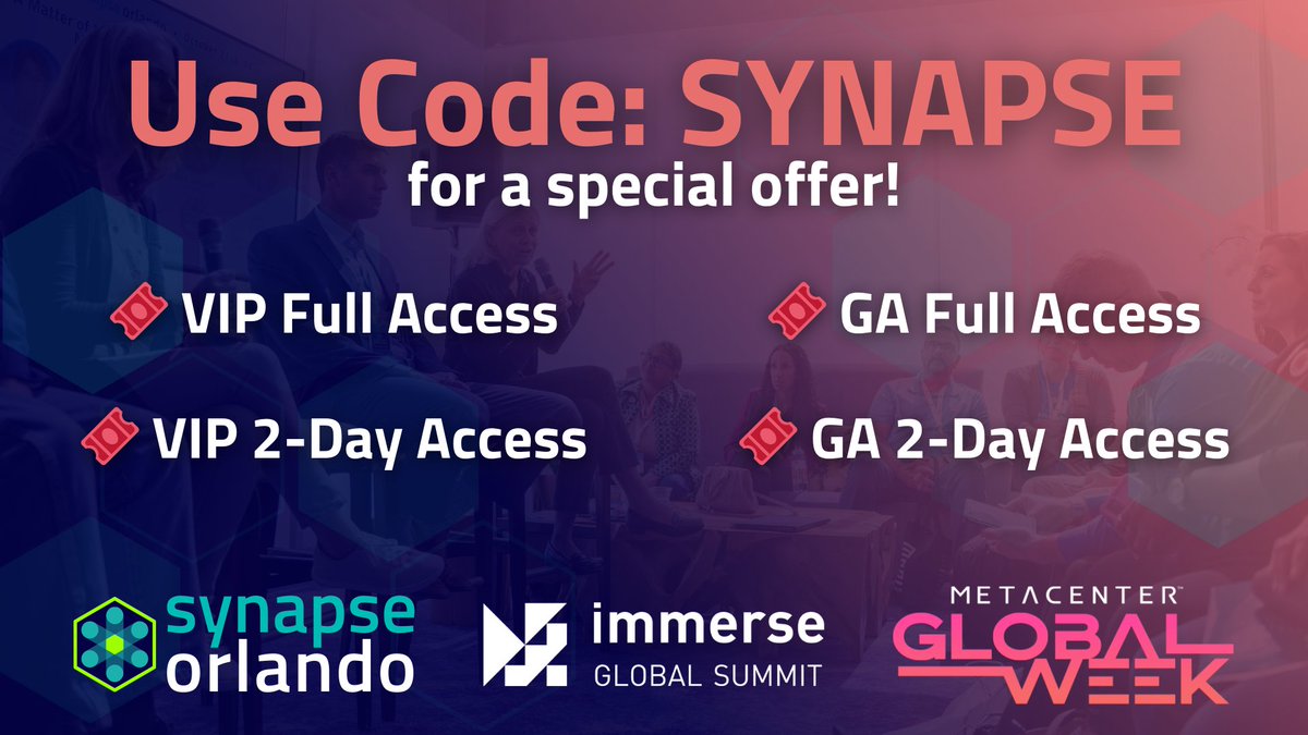 Get up close &amp; personal with industry leaders from companies like <a href="/Meta/">Meta</a>, <a href="/Sony/">Sony</a>, <a href="/NASA/">NASA</a>, <a href="/FalconsBeyond/">Falcon’s Beyond</a>, <a href="/googlecloud/">Google Cloud</a>, <a href="/AdventHealth/">AdventHealth</a>, <a href="/NianticLabs/">Niantic</a>, <a href="/magicleap/">Magic Leap</a>, <a href="/Snap/">Snap Inc.</a> &amp; more in #Orlando for #SynapseOrlando &amp; <a href="/ImmerseSummit/">Immerse Global Summit</a> at <a href="/the_metacenter/">The MetaCenter</a> Global Week!

🎟️: bit.ly/3trh8X1