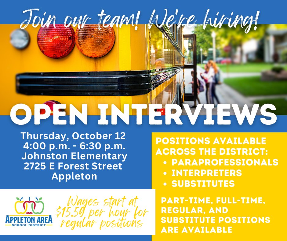 Join us tomorrow from 4:00-6:30 p.m. at Johnston Elementary for Open Interviews! This is a great first step to joining the AASD.
We're seeking Paraprofessionals, Interpreters (Hmong, Spanish, &amp; Swahili), &amp; Subs for all positions.
See our jobs here: applitrack.com/aasd/onlineapp