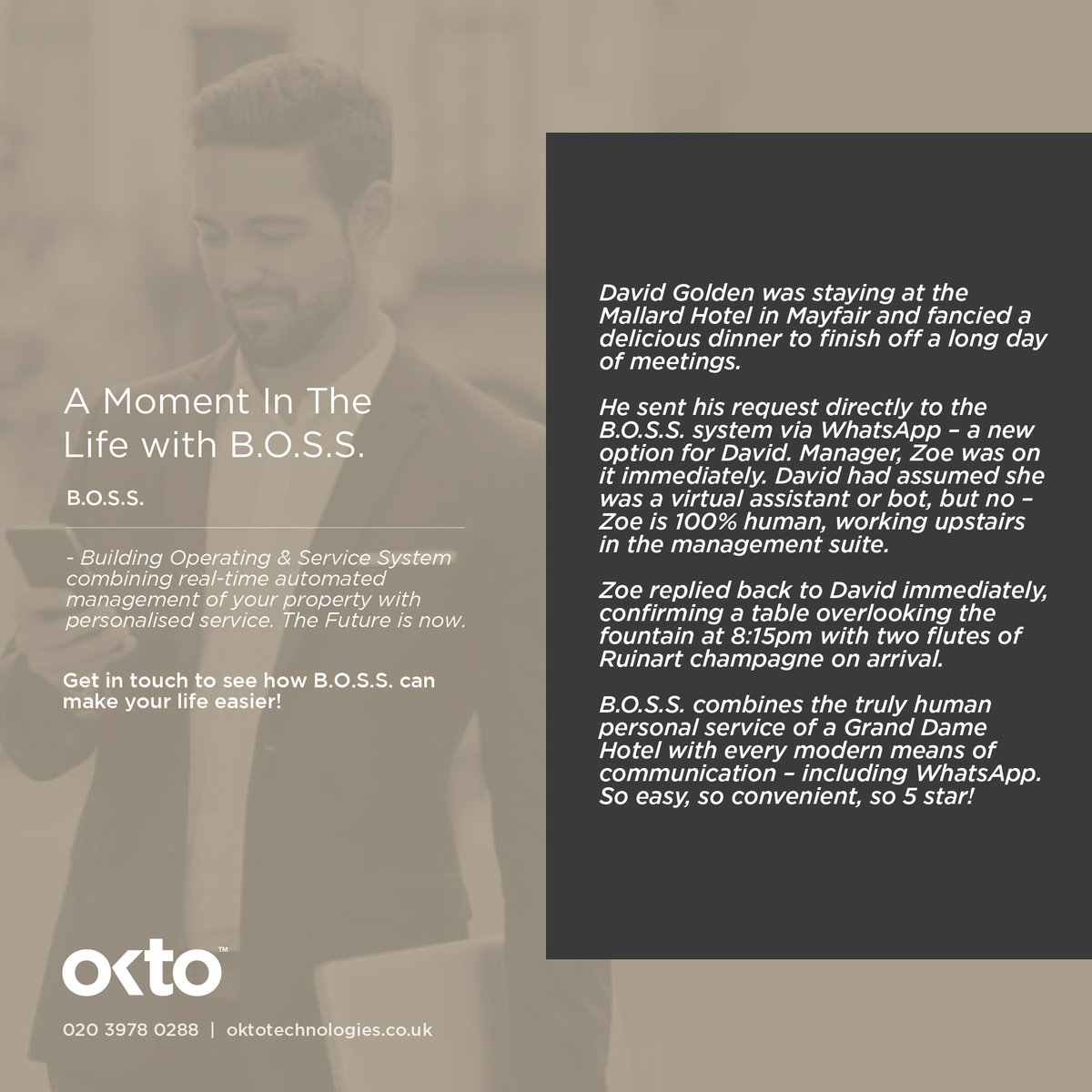 Okto_Tech's tweet image. Is there anything B.O.S.S can’t do!

David was staying in the Mallard Hotel and was able to manage his entire dining experience via WhatsApp – thanks to B.O.S.S.

It was totally seamless, from table reservation to champagne delivery. So simple. So efficient. 

That’s B.O.S.S 👊