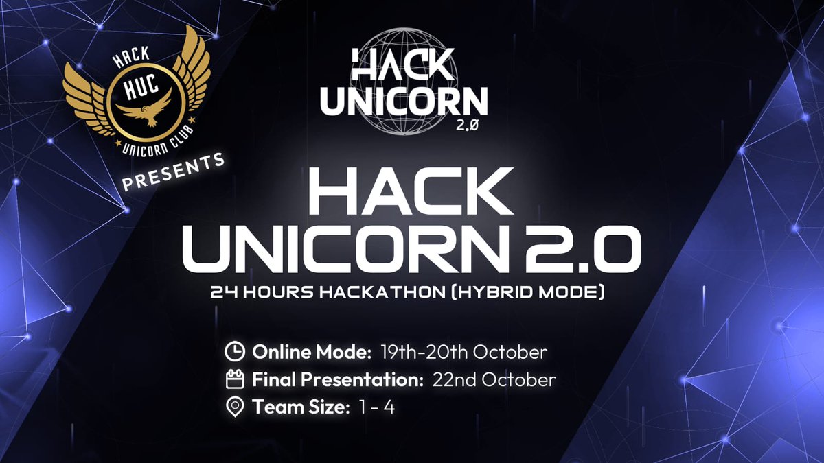 HackUnicornClub's tweet photo. 🔥 Hack Unicorn 2.0 Hackathon is coming up 🔥

💫 Mode: Hybrid 
💫 Dates: 19th - 20th Oct (Online Mode)
22nd Oct (Offline Mode: Premium Co-Working Space)

💫 Team Size: 1-4 Members 
💫 Prizes: Worth 1 Lakh+ &amp; Swags

➡️ Registration Link: https://t.co/dzfHjcBZ97 https://t.co/no6dvdOPg7