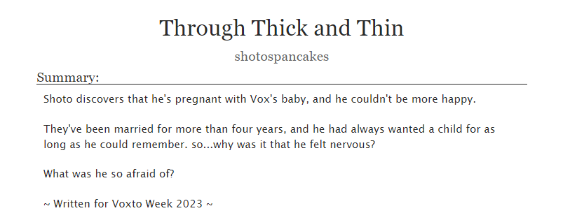 ♡ Through Thick and Thin ♡

#voxto
👹🗡️

💜 Pregnancy AU
❤️ Smut
💜 Trans! 🗡️

link: archiveofourown.org/works/50035051
#voxtoweek2023