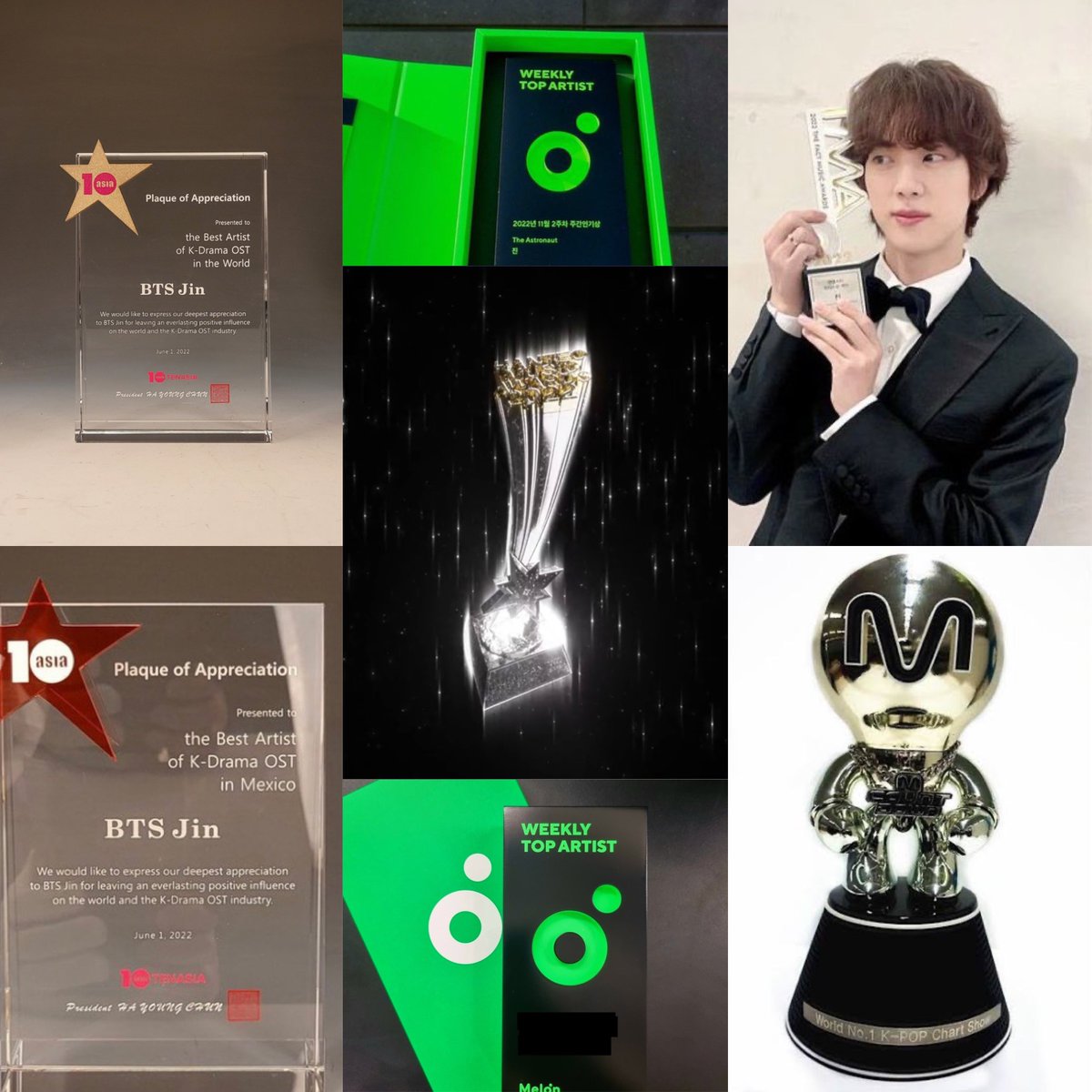 seokjinism1's tweet photo. Latest addition to Kim Seokjin’s physical trophies - looks nice 

-TTA Best Artist of K-Drama OST World -TTA Best Artist of K-Drama OST- Mexico 
-TMA Individual Choice Award 
M Countdown  
-Melon Weekly Popularity Award- Nov week 2 
-Melon Weekly Popularity Award- Nov  Week 3 
-Global Artist Award (in Africa) -30th 
Hanteo Music Awards
-KSTAR MVA Most Valuable Artist 

CONGRATULATIONS JIN
JIN MOST VALUABLE ARTIST 
BEST ARTIST KIM SEOKJIN 
#TheAstronaut #방탄소년단진 #JIN #BTSJIN
