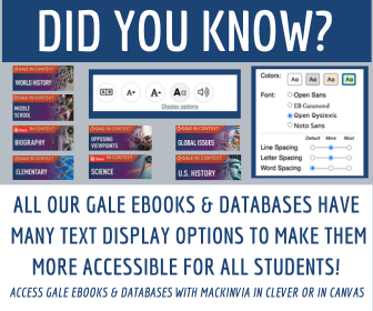 VOCALCCSD's tweet photo. Did You Know? All Gale databases &amp; ebooks have accessibility features that can adjust text size, spacing, color, background, &amp; font to make it easier to read &amp; focus! The text can be translated into 40+ languages &amp; read aloud, too. Gale resources help all our students learn! https://t.co/hsIfv1o7mY