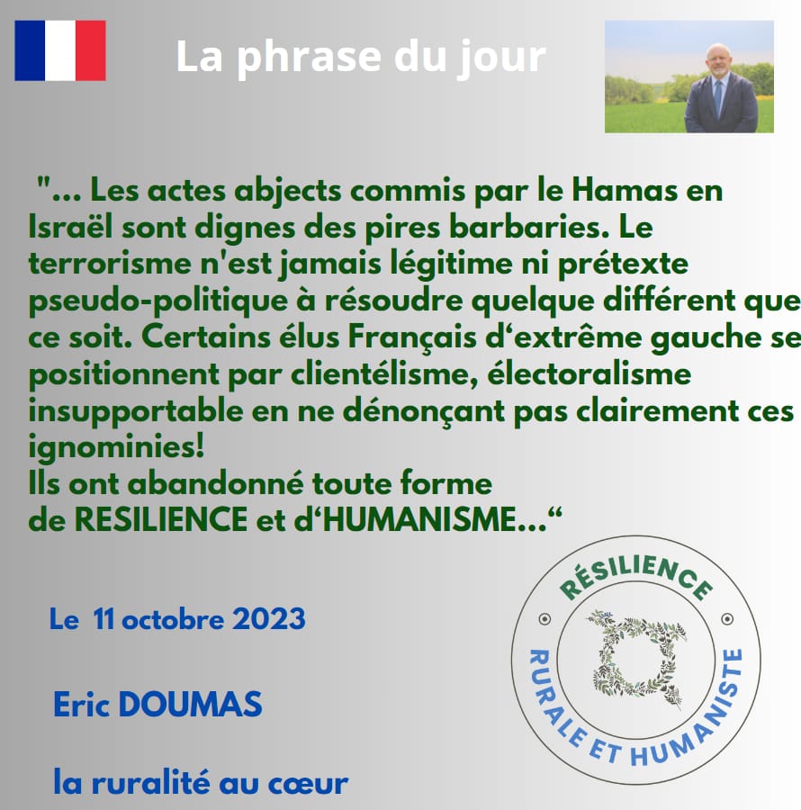 ‼️communiqué de presse ‼️
<a href="/EricProced/">RESILIENCE RURALE & HUMANISTE</a>
RESILIENCE RURALE ET HUMANISTE 
#Israël #HamasTerrorism
Nous dénonçons avec force ces attentats ignobles!🙏
👇