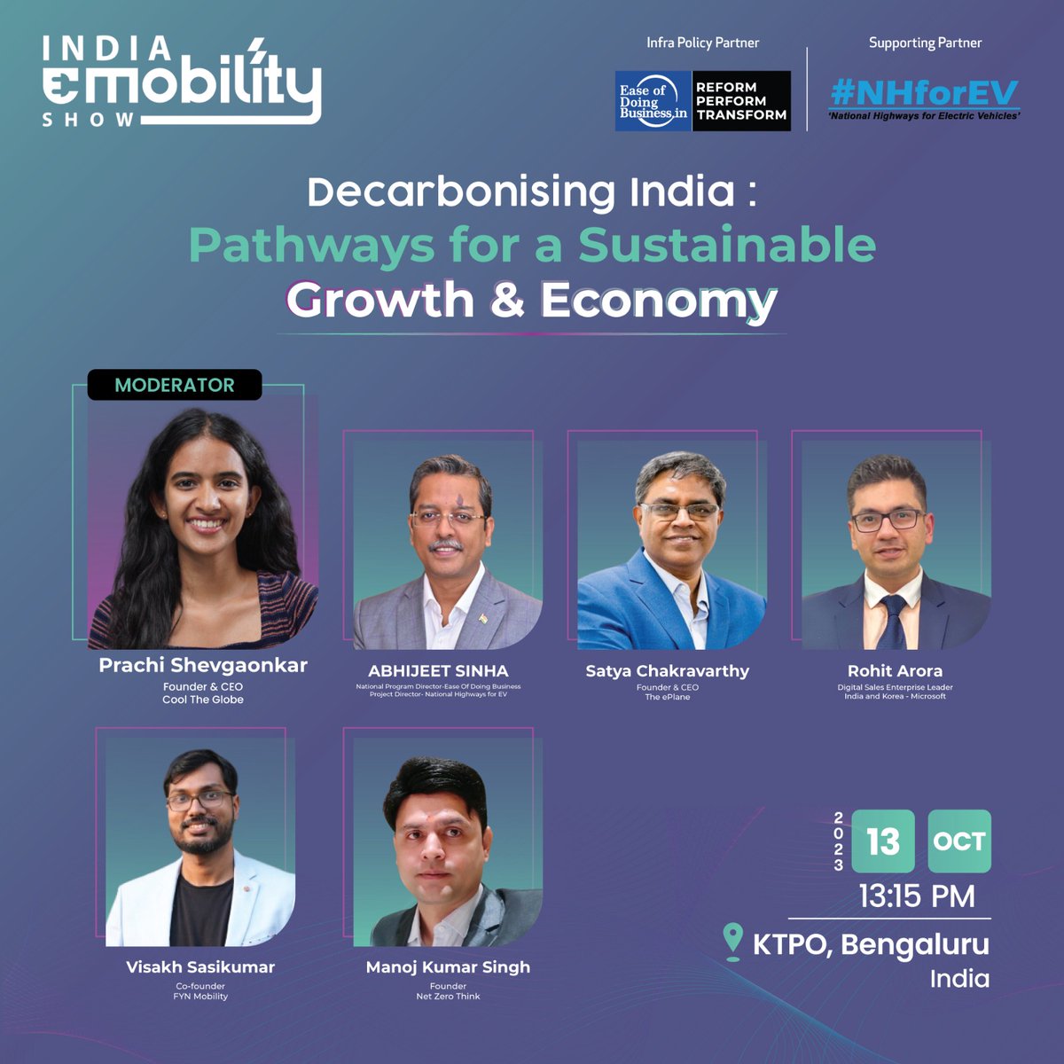 Mr. <a href="/Abhijeet_Sinhaa/">Abhijeet Sinha</a>, National Program Director, <a href="/EODB_IN/">Ease of Doing Business™</a>, will be the panelist for the session “Decarbonising India: Pathways for a Sustainable Growth &amp; Economy” at the <a href="/indiaemobility/">India eMobility Show</a>, KTPO, Bengaluru on 13th October, 2023.

#IES23

indiaemobilityshow.com