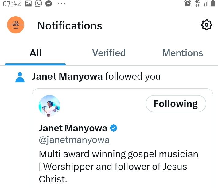 TheLifeCoach263's tweet photo. Waking up to see my poor small handle being followed by @janetmanyowa gave me goosebumps. What an honour. Thank you so much worshipper for defying the odds. You're such a great inspiration to many. God bless you more. 

Guys, get yourself &amp; loved 1s tickets for  #ANOT 1 Jan 2024! https://t.co/NszWtV7V0B