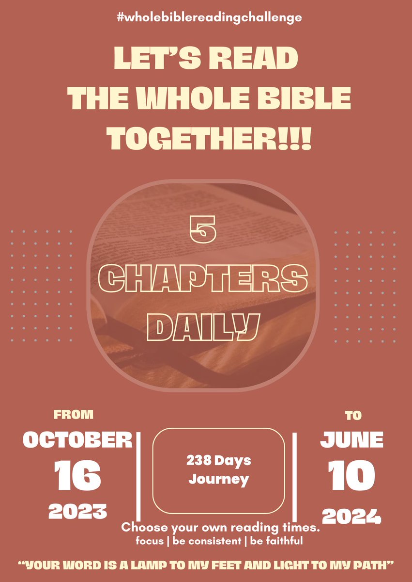 Hello fam!
Have you ever read the whole Bible?
Can we do it together!

Please join us from Monday as we begin this amazing journey… 5 chapters per day. 
Please share to young people especially.

LET’S GO!!!🙏🏽
#WholeBibleReadingChallenge
#TheWord