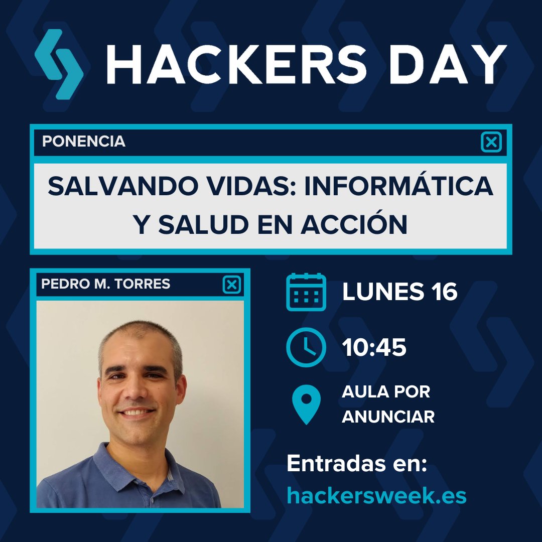 HackersWeek's tweet photo. Pedro M. Torres, de CTO Meditics, nos contará cómo al unir la informática y la salud se puede marcar la diferencia identificando a pacientes candidatos para terapias innovadoras

➡️ ¡No te lo pierdas! Entradas en https://t.co/MWenr7lrsL 

#HackersDay #HackersWeek https://t.co/417ztOcF93