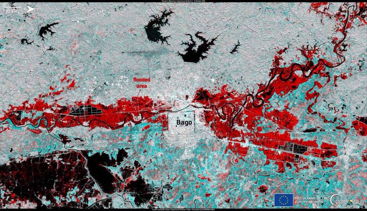 Heavy monsoon rains and floods are impacting #Myanmar.
Authorities report 5 casualties  and close to 15,000 people displaced.
This is why #EarlyWarningsForAll is WMO's top priority.
Flooded areas (in red) can be seen in #Sentinel1 radar image of 8 Oct.
Via @CopernicusEU