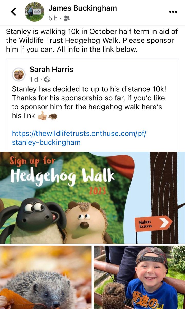 JB_it_boy's tweet photo. @ZoeTheBall My 6 year old son Stanley is walking 10km in Oct half term in aid of the Wildlife Trust Hedgehog Walk. He will be walking from Brighton to Hove &amp; back, stopping halfway at the Big Beach Cafe. Any support would be great

https://t.co/WsCtAUjrOY https://t.co/59DbmNsI0b