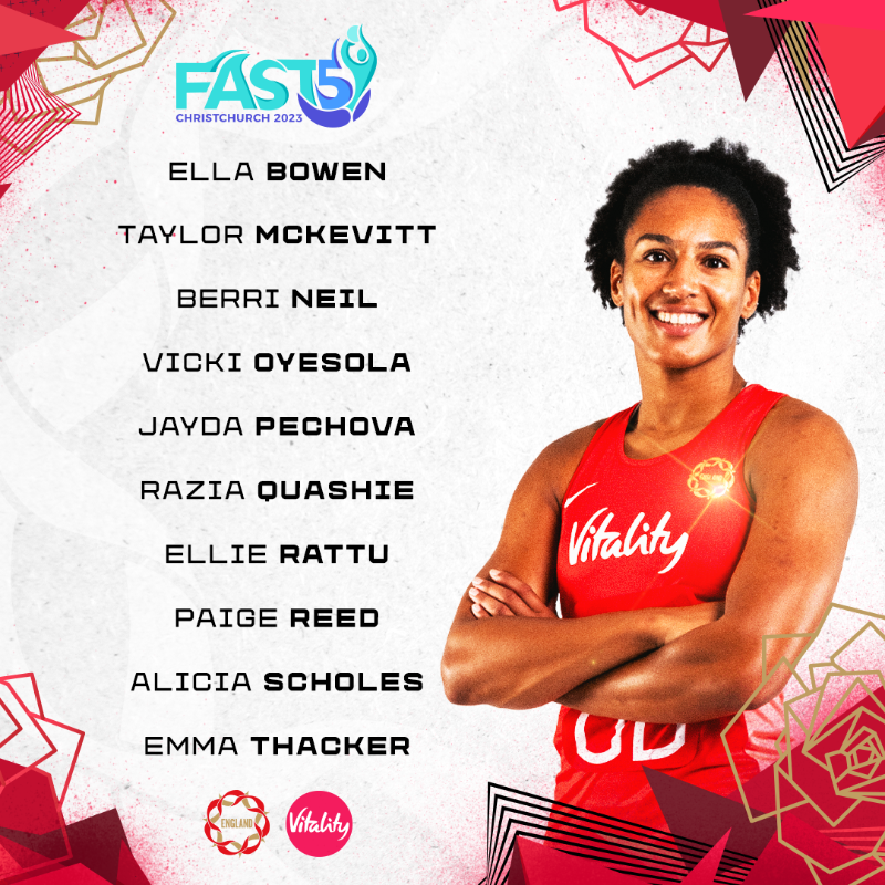 EnglandNetball's tweet photo. FAST5 World Series squad confirmed 🌎 

✈️ Ten athletes will represent the Vitality Roses in Christchurch, New Zealand in the international FAST5 competition set to take place from 11-12 November.  

Find out more 👇