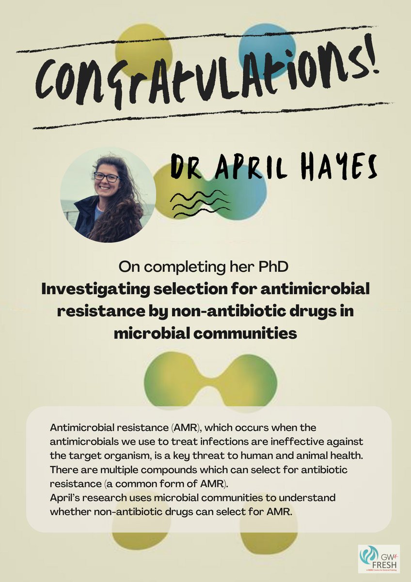 GW4FreshCDT's tweet photo. Congratulations to FRESH student Dr April Hayes based at @UniExeCornwall for completing her #PhD !🧑‍🎓 Special thanks to her supervisors @AimeeKMurray @WillHGaze, Lihong, @KasprzykHordern @EpicFeil_ &amp; @ProfJRSnape 
#AMR https://t.co/og6mV4w8rv
