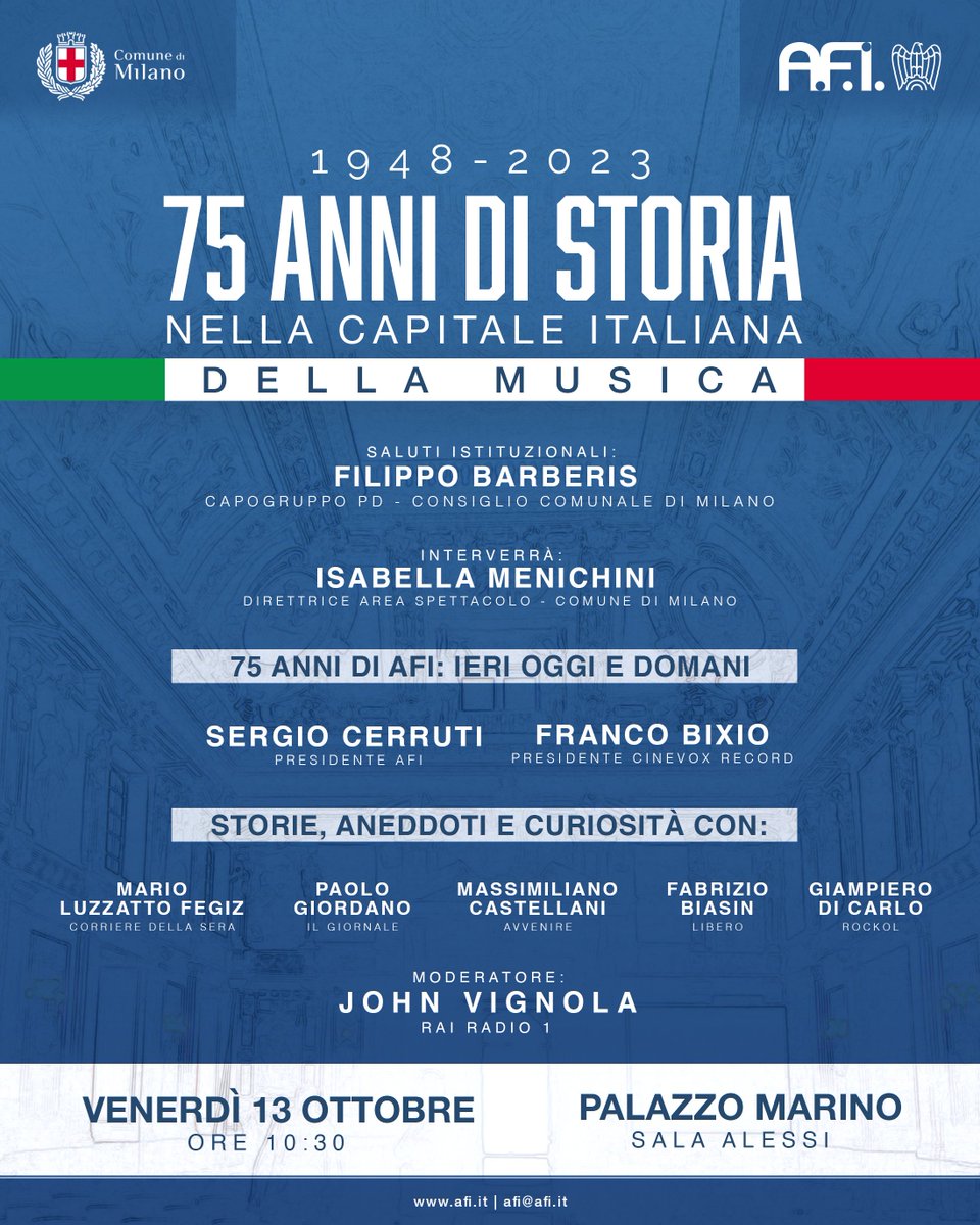 Il primo degli eventi per la celebrazione dei 75 anni dell'AFI si svolgerà a #PalazzoMarino. In collaborazione con il Comune di #Milano e con la conduzione di <a href="/johnvignola/">John Vignola</a>, saranno presenti il Presidente AFI, <a href="/sergiocerruti/">Sergio Cerruti</a> , <a href="/francobixio/">Francesco Bixio</a>, <a href="/MFegiz/">Mario Luzzatto Fegiz</a>  e molti altri.
#AFI75Anni 🎶🇮🇹
