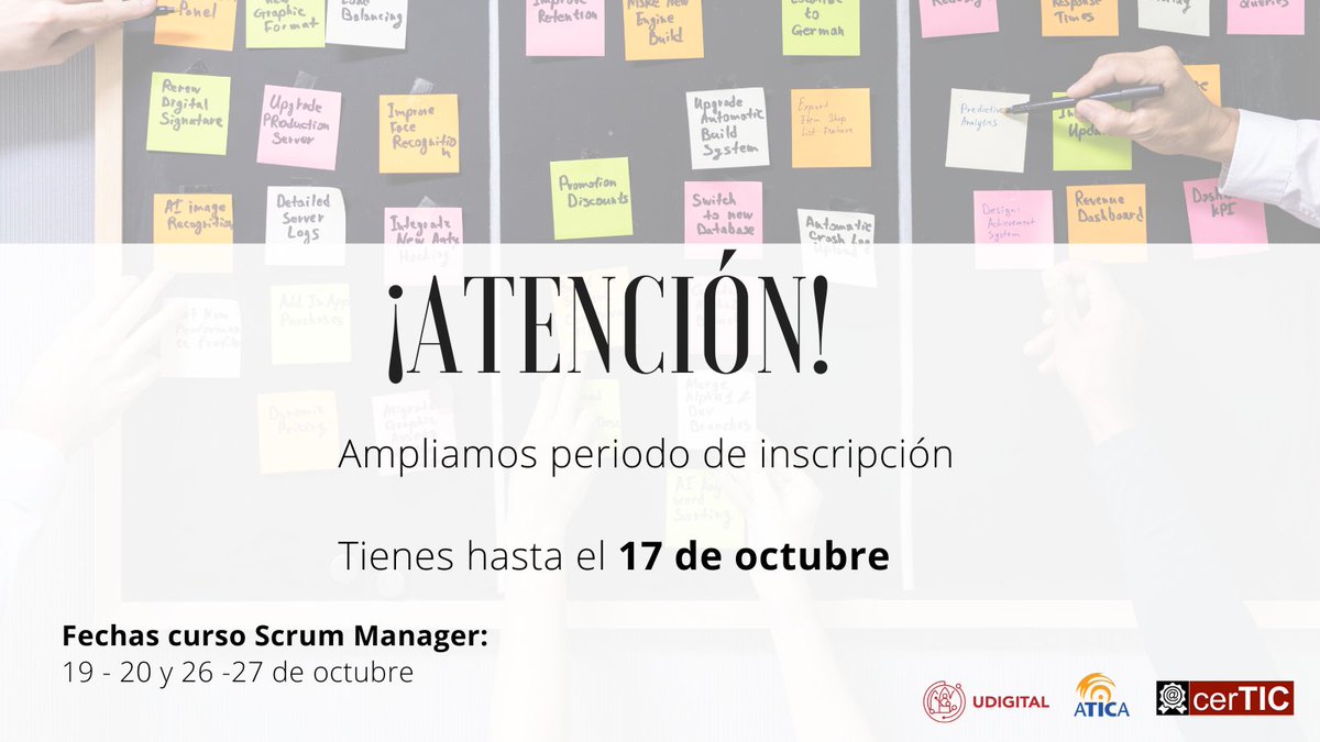 ⚠️¡ATENCIÓN!⚠️
📣Ampliamos periodo de inscripción del curso #ScrumManager
🗓️Puedes inscribirte hasta el 17 de octubre
🚀¡Corre y no te quedes sin tu plaza! certic.um.es/en/web/certic/…
🏅Examen Certificación Oficial incluido 
#Certic
