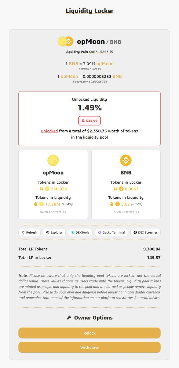 opMoonApp's tweet photo. There might be a few quiet days on #opBNB, but rest assured that the #opMoon team is building one of the best token &amp; liquidity lockers in crypto! 🔥

Here's another sneak peek of an individual locker page, looking very fine 🤩

Coming soon to #opBNB and other chains! 🚀 https://t.co/Kkq9PI8DW1