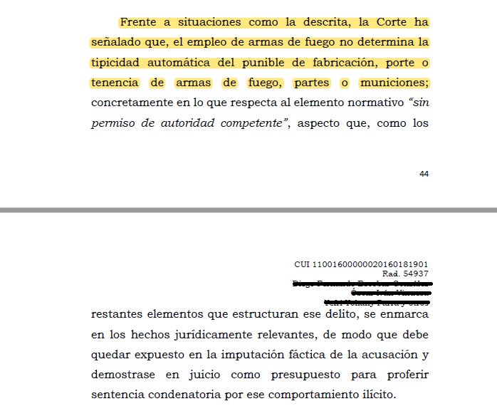 Melovides's tweet photo. El empleo de armas de fuego no configura de manera automática el delito de fabricación, tráfico y porte de armas de fuego o municiones; la Fiscalía tiene el deber de acreditar la ausencia del permiso y los demás elementos del tipo penal. https://t.co/pM6fA3QSWx https://t.co/51eHYEMeZD