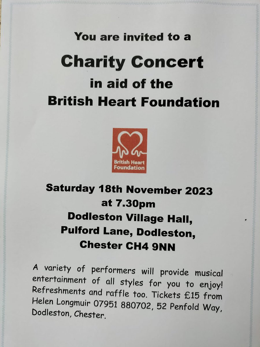 Our amazing <a href="/TheBHF/">British Heart Foundation</a> supporter Helen Longmuir is putting on her annual Charity Concert in aid of the BHF next month! Helen has raised thousands &amp; thousands for the BHF over the years through hosting this incredible concert! If you’d like tickets, please contact Helen ❤️🎶