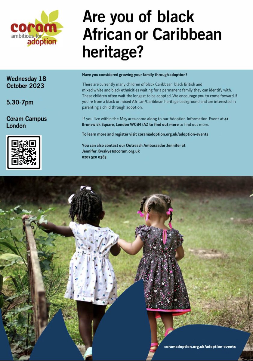 Are you interested in parenting a child via adoption &amp; are from a black/mixed African/Caribbean heritage background? Come along to <a href="/Coram/">Coram</a> Adoption information event on Wednesday 18th October at Coram Campus London to learn more! 

To register please visit: coramadoption.org.uk/adoption-events