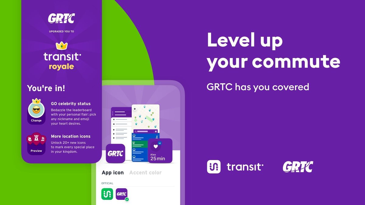 GRTCTransit's tweet photo. 🎺 We’re upgrading all our riders to Transit Royale, the subscription in @transitapp 🎉

Ride with friends, customize your theme, and compete for the crowdsourcing crown on your line. GRTC riders are getting the Royale treatment 👑🚍 https://t.co/wkkrcYusox https://t.co/oxH64VqPke