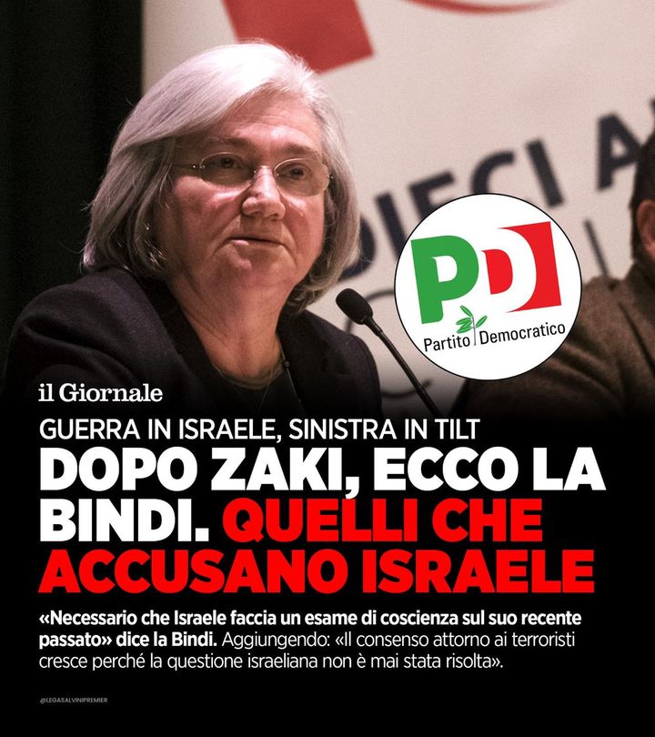 Noiconsalvini's tweet image. 🔴 GUERRA IN ISRAELE, SINISTRA IN TILT: DOPO ZAKI, ECCO LA #BINDI. QUELLI CHE ACCUSANO ISRAELE.

-&amp;gt; Il Giornale: «Necessario che Israele faccia un esame di coscienza sul suo recente passato» dice la Bindi. Aggiungendo: «Il consenso attorno ai… facebook.com/32699486613646…