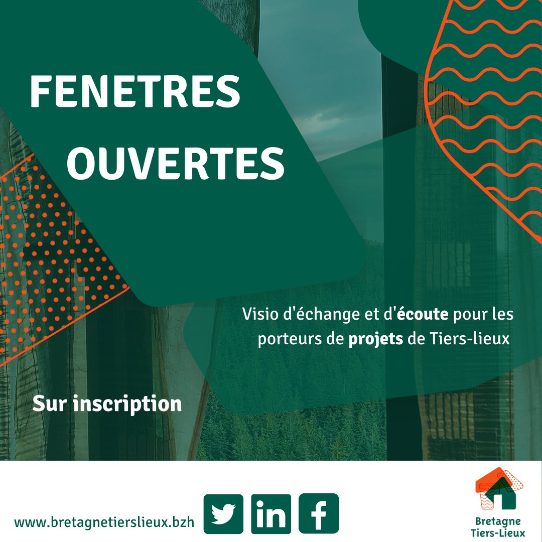 📅Le prochain rendez-vous « Fenêtres Ouvertes » aura lieu le lundi 20 novembre de 13h30 à 14H30 ! Vous êtes porteur d’une idée ou d’un projet de tiers-lieu en Bretagne ? Alors venez participer à nos « Fenêtres Ouvertes » -> Inscrivez-vous via ce lien : framaforms.org/fenetres-ouver…