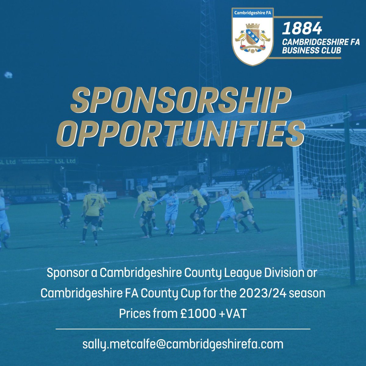Want to increase your business’s exposure and support grassroots football? ⚽ Sponsor a Cambridgeshire County League Division or County Cup for 2023/24! You'll also get the chance to buy England and FA Cup Final tickets! 🎟️ 📥 Sally.Metcalfe@CambridgeshireFA.com for details.