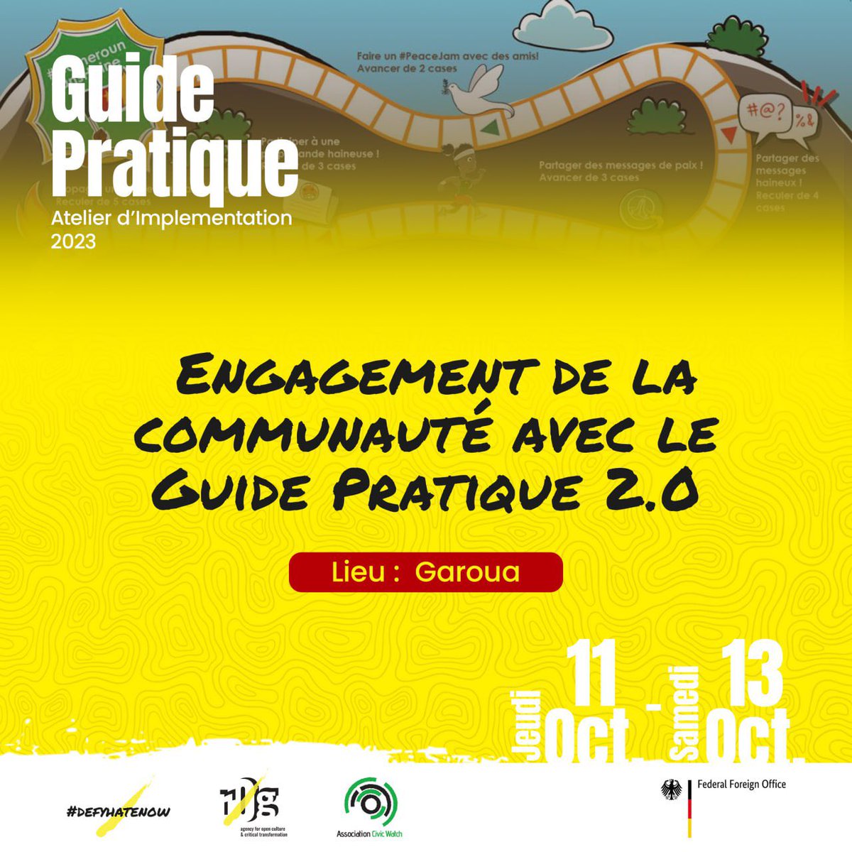 Pendant 3 jours #defyhatenow réunira plus de 20 participants a Garoua pour les doter de compétences &amp; d'outils de lutte contre les #DiscousHaineux et l'incitation à la violence en ligne et dans leurs communautés.

Savourez notre #GuidePratique👉defyhatenow.org/lutte-contre-l…

#Act4Peace