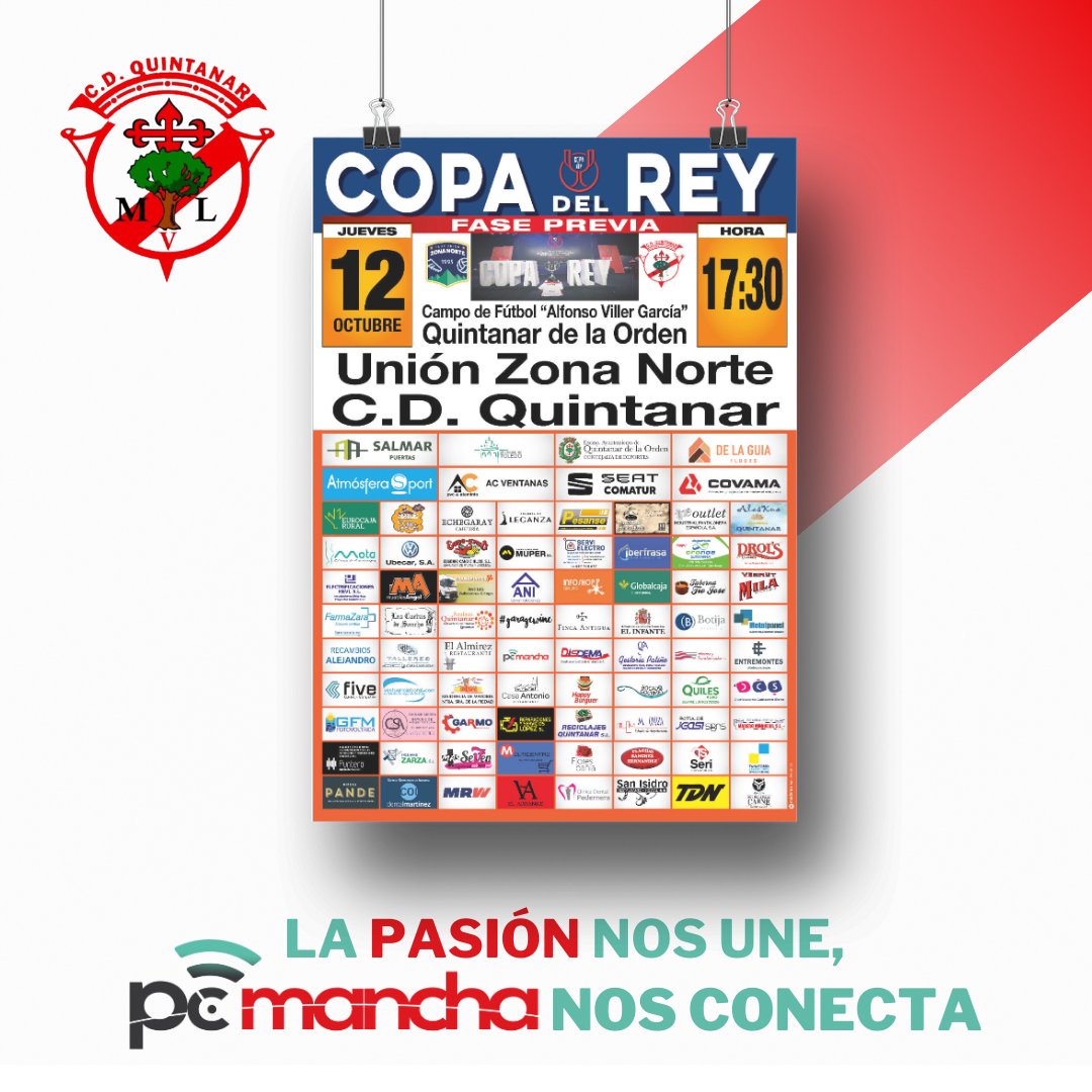 pcmancha_com's tweet image. ⚽️ Este jueves, 12 de octubre, @CDQuintanar1 tiene una cita histórica en la Copa del Rey en el Alfonso Viller García. Como patrocinadores del equipo estamos emocionados por este momento.

🔴⚪️ ¡A por todas, Quintanar!

#CopaDelRey #Juntosporunsueño #PCMancha