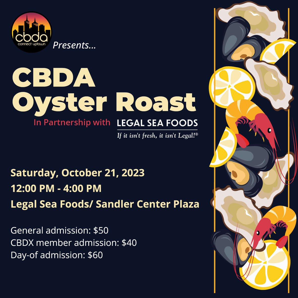 CBDAConnection's tweet image. HURRY!!!🏃💨
The CBDA Oyster Roast is just over 1 WEEK AWAY!
Claim your sponsorship or tickets NOW!!!!🦪🧡
🔗loom.ly/AjPEL28

#cbda #funforeveryone #events #sponsorship #ticket #sponsor #oysterroast #legalseafoods #partnership
