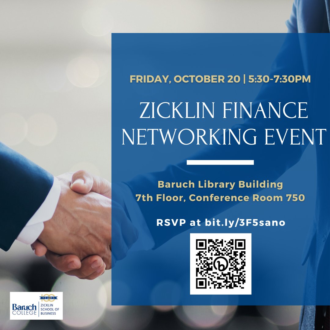At this event, students can network with individuals who work in Finance at companies including Barclays, Bloomberg, Citi and American Express. RSVP here: bit.ly/3F5sano

#BeBaruch #ZicklinPride #EventsAtTheGCMC @ZicklinWIB @ZicklinMBAClub @ZGAS @baruchpride