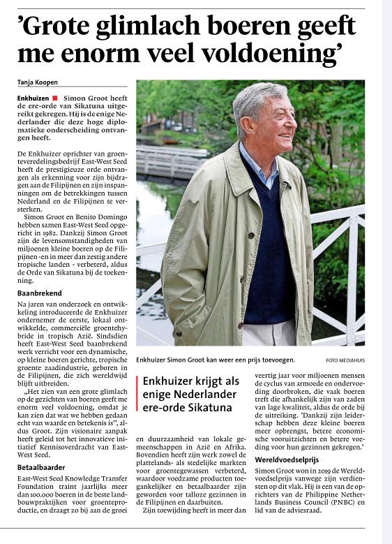 NicoVerduin's tweet photo. Ere-orde van Sikatuna voor #gewas- en teeltverbeteraar Simon Groot. Kennis, kunde en ondernemerschap voor land- en tuinbouw op waarde geschat. #Proficiat! https://t.co/iFkqvBZRJ4
