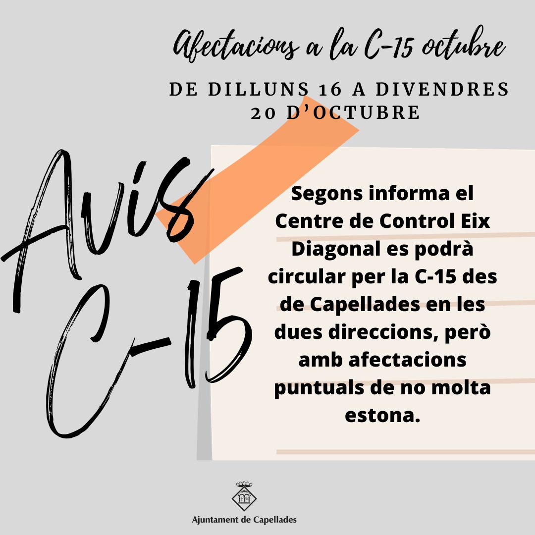 AjdeCapellades's tweet photo. El Centre de Control Eix Diagonal informa que per la setmana del 16 al 20 no s'ha previst cap desviació, ni cap tall de circulació.

Des de Capellades es podrà circular en els dos sentits. No obstant s'hi ha de fer diverses tasques que poden portar talls puntuals de poca durada. https://t.co/4aGuZion8c