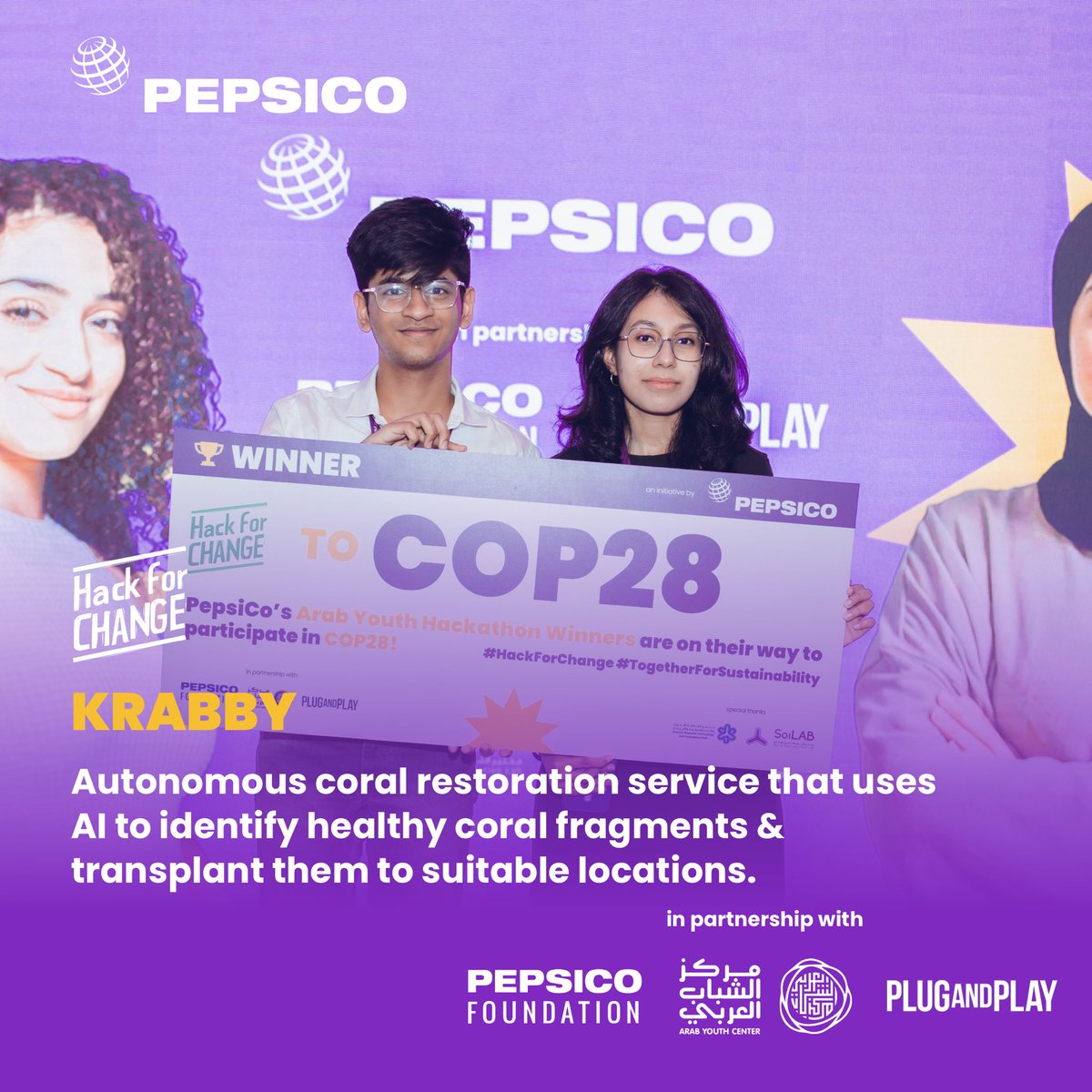 PepsiCoMidEast's tweet photo. Hailing from the heart of innovation, hats off to our three winning teams from the #UAE! 

A standing ovation for Esaal, Krabby and SolAir, who demonstrated passion, creativity and unique concepts to address pressing climate challenges at the #PepsiCo Arab Youth Hackathon. https://t.co/9UUsPTnVyS