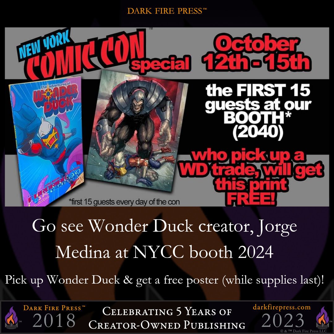 darkfirepress's tweet photo. Going to NYCC this weekend? We may not be there, but Wonder Duck creator, @getyourmedz is.
Booth 2040 w/@JohnnyC138.
#publisher #publishing #DarkFirePress #comics #WonderDuck #scifi #adventure #AllAges #NYCC #NewYorkComicCon #NewYorkComicCon2023 #NYCC2023 #comiccon https://t.co/6sd5710Gx5
