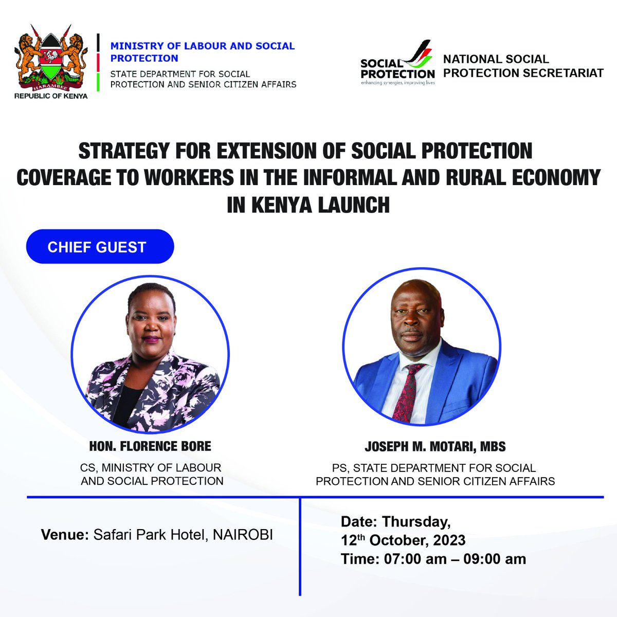 The Ministry of Labour and Social Protection, in conjunction with its partners will be launching a Strategy for the Extension of Social Protection Coverage to Workers in the Informal and Rural Economy in Kenya tomorrow at the Safari Park Hotel, Nairobi 
#StrategyLaunch
<a href="/SP_Kenya/">Social Protection and Senior Citizen affairs</a>