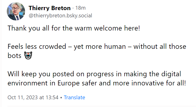 reesmarc's tweet photo. Message posté par @ThierryBreton à l'occasion de ses premiers pas sur #bluesky
cc @elonmusk https://t.co/mTGz2e7934