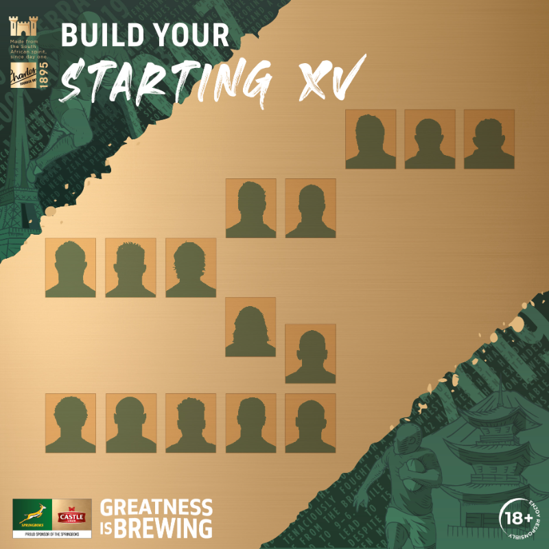 CastleLagerSA's tweet photo. The @Springboks 🇿🇦 have an epic clash coming up this weekend! 🏉 𝗧𝗔𝗣 𝗕𝗘𝗟𝗢𝗪 👇 to pick your @CastleLagerSA 🇿🇦 #StartingXV, reply with it using #GreatnessIsBrewing, and we could surprise you in the DMs today! 😀