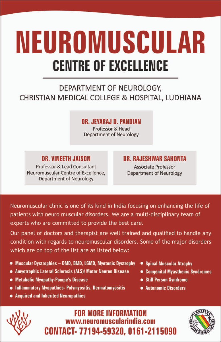 CMCLudhiana's tweet photo. The Neuromuscular Centre of Excellence, Department of Neurology, CMC &amp; H Ludhiana.

For more details Contact- https://t.co/Ag2RWOSONs

77194-59320,01612115090
#cmcludhiana #cmcludhiana129years #myworkisforaking #neurology #neromuscularindia #neutomusculardisease #neuromuscular https://t.co/nG96Aoob4P