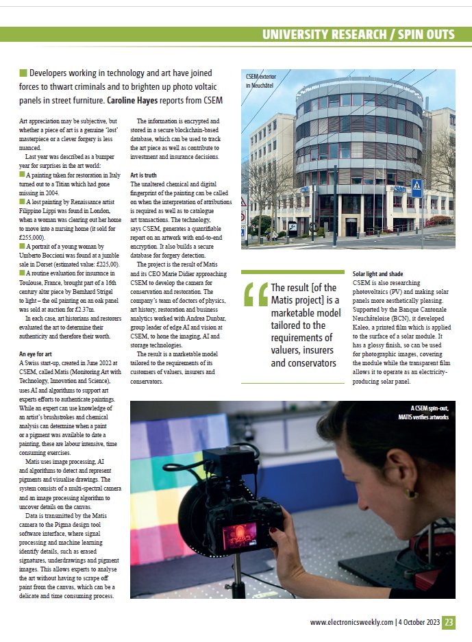 On a visit to #CSEM just outside #Geneva, I discovered, art for AI's sake, solar panels to brighten up cities and battery tech developments. (Ooh and chocolate - lots of Swiss chocolate) #electronicsnews