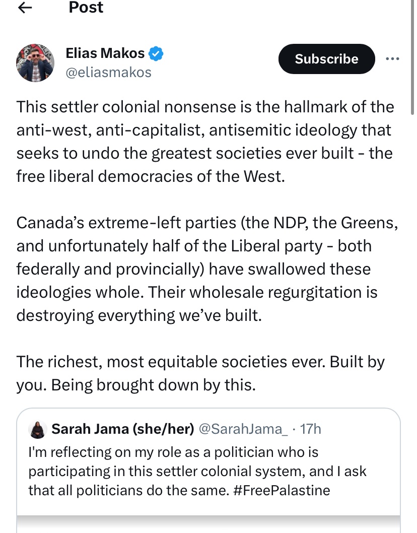 titocurtis's tweet image. When Elias denies the existence of Canada’s role as a colonial state and says “we” built “the west”, he’s not being terribly subtle. This is the erasure of Indigenous existence in North America. This is Elias perpetuating the idea the white settlers “civilized” this continent