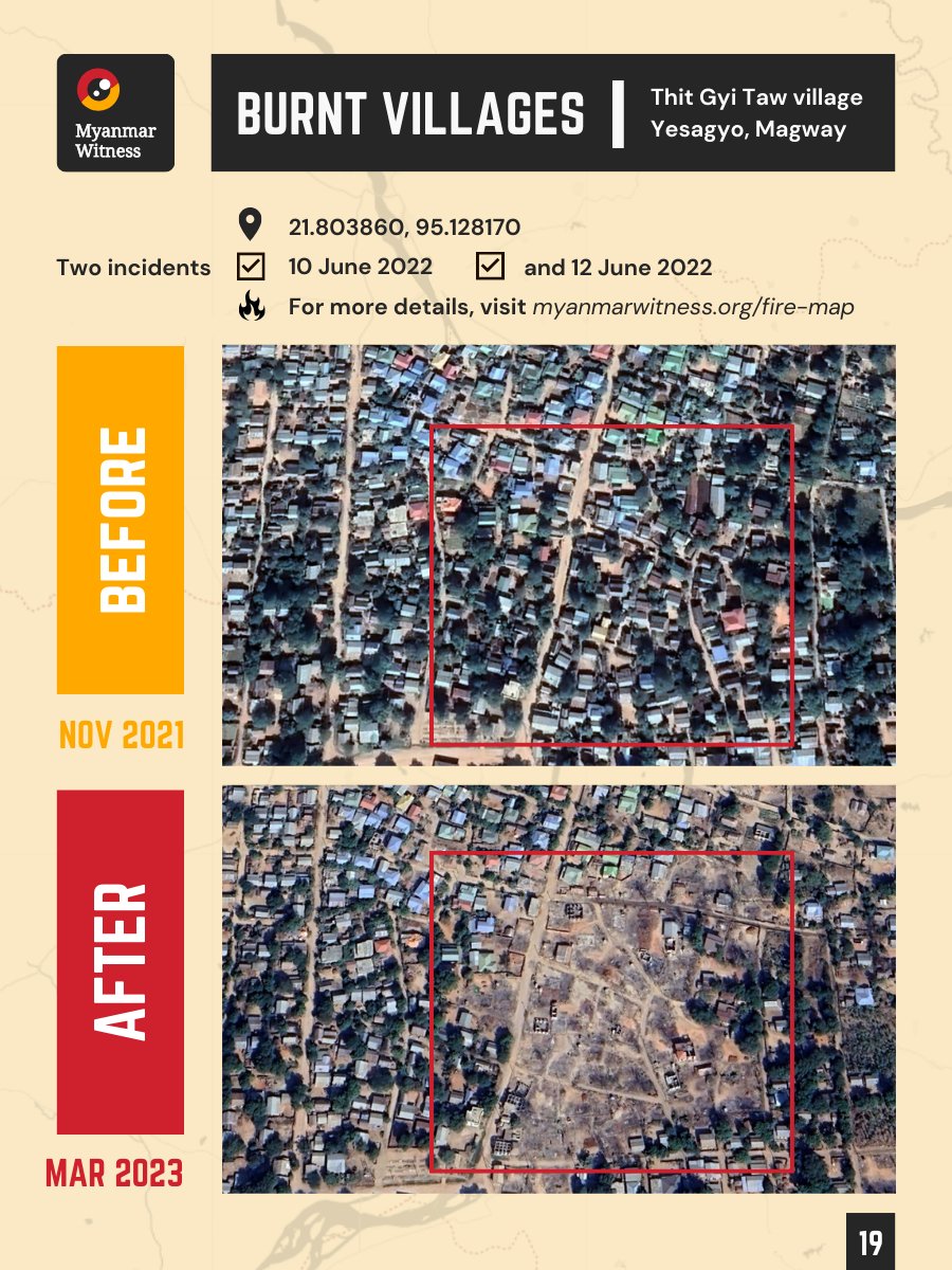 🔥 Thit Gyi Taw village ☑️ Yesagyo, Magway ☑️ 21.803860, 95.128170 ☑️ Two incidents on 10 and 12 June 2022 In the series #MWBurntVillages, Myanmar Witness features satellite imagery that reveals fire destruction in multiple villages throughout the last few years. You can use