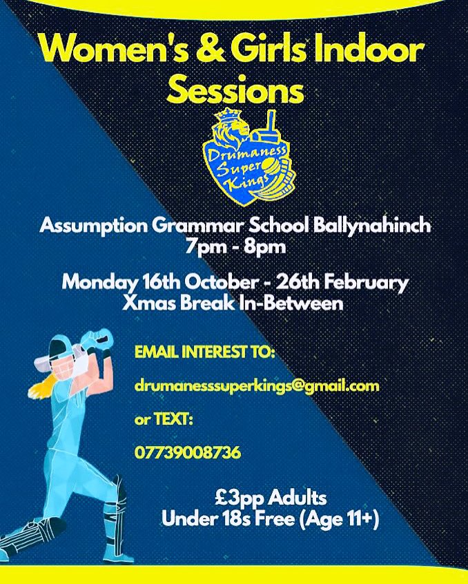 Women’s &amp; Girls Indoor Cricket Sessions - if you would like to attend please e-mail drumanesssuperkings@gmail.com or contact 07739008736 🙌 🏏 - please share post to get word around <a href="/NCU_News/">Northern Cricket Union</a> <a href="/CIParticipation/">Cricket Ireland Participation</a> <a href="/cricketireland/">Cricket Ireland</a> <a href="/NCUcoaches/">NCU CA</a> <a href="/IrishWomensCric/">Ireland Women’s Cricket</a>