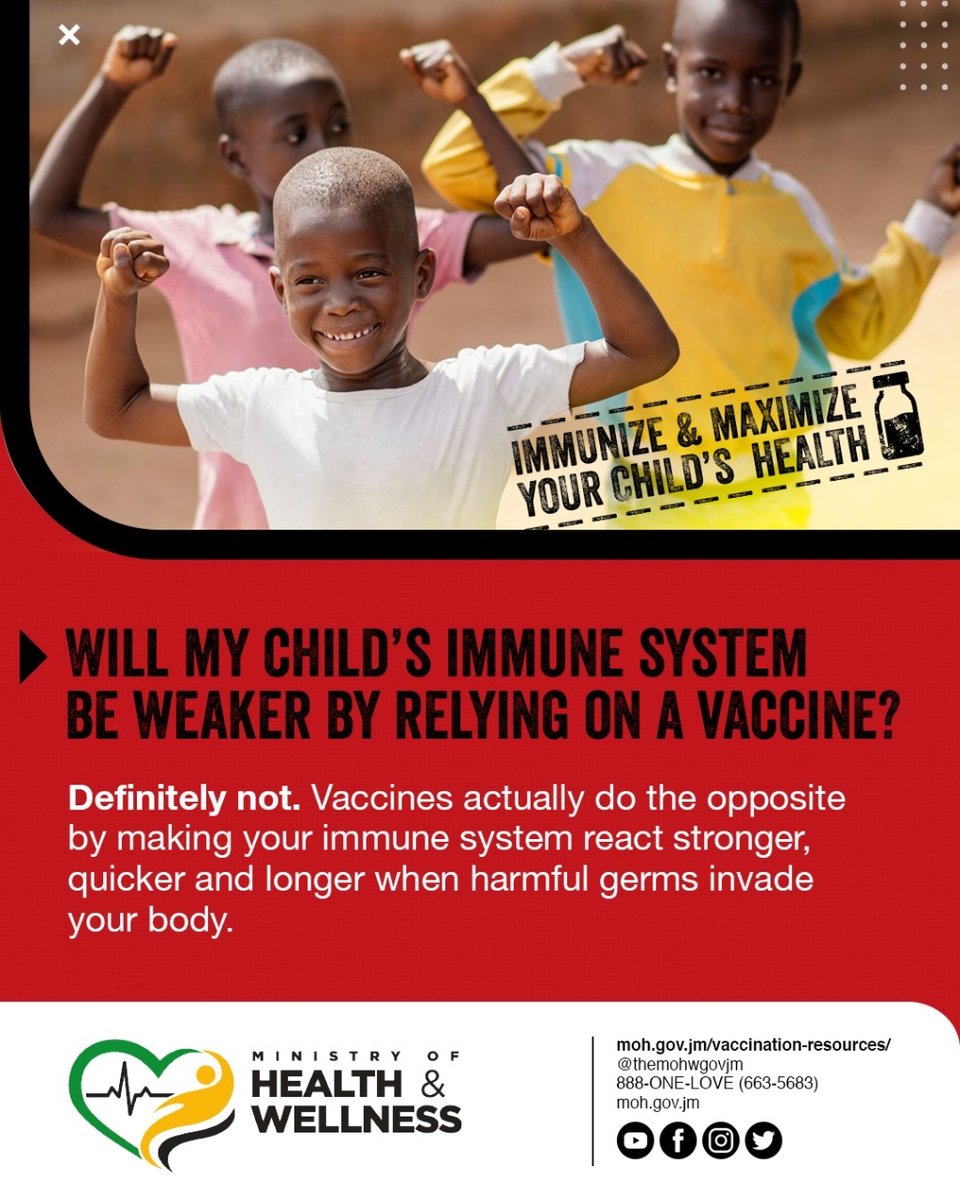 themohwgovjm's tweet photo. Vaccines strengthen 💪🏾, not weaken, your child’s immune system, enabling a faster and more robust defense against harmful germs. #ImmunizationFacts https://t.co/srtcUGkuNb