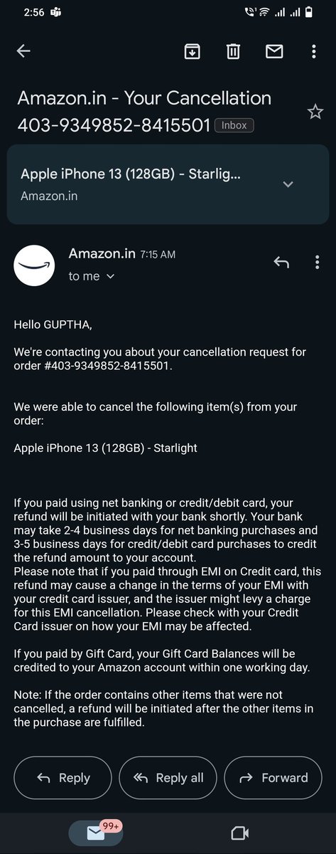 Guptha_39's tweet photo. I ordered iPhone13 at the Amazon Great Indian Festival sale on 7th October 2023. And the order was cancelled by Amazon on 11th October 2023 without informing me. When i asked Amazon customer care they asked me to place a new order. @GyanTherapy @amazonIN @amazon @AmazonHelp https://t.co/DposaE4QFJ