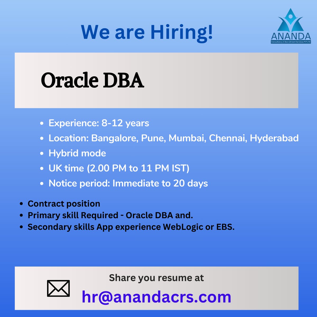 Urgent hiring for Oracle DBA
#oracle #oracledba #oracledatabase #oacledatabaseadmin  #oracleapps #oracledeveloper #oracleconsultant #oraclejobs #oracleebs #technicalconsultant #opentowork #hiring #immediatejoiner #servingnoticeperiod #lookingforjobchange #jobopportunity #panindia