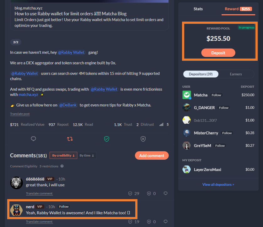 CC2Ventures's tweet photo. Debank 'Free Money' Glitch

I'm not really interacting frequently on Debank, but there's 100% opportunity in doing so – not just for the $DB airdrop.

Example:
I participated in a $1500 Reward Pool, and all I've done is commented and reposted. 

Reward: $22.23

Strategy in a nutshell:
▫️ Create your own small reward pools to kickstart your follower count
▫️ Conduct 'follow for follow' activities
▫️ Create value and post daily to gain an additional, organic following
▫️ Scout for Reward Pools: Once found, comment and repost them
▫️ Rinse and repeat

You don't even have to be an X influencer to do so; prime example is 'nerd' with only 876 followers on X.

Haven't seen anyone doing an in-depth 'Debank Money Farming' guide yet, only @wronguser000 briefly mentioning it in his $DB airdrop-centered guide.

Would even call it 'market gap' and an easy way to gain engagement on X, as there's definitely demand for a comprehensive guide.