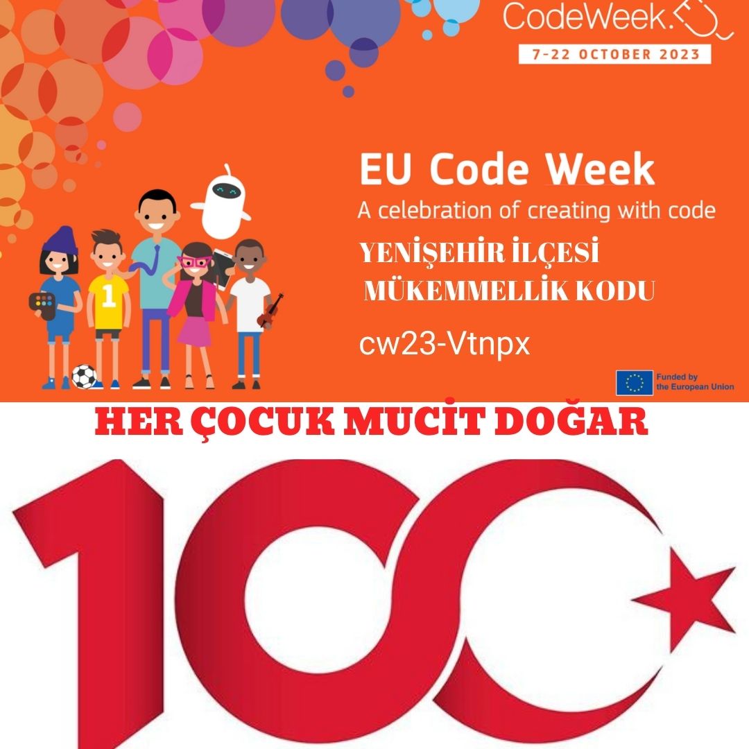 yenisehirmem_33's tweet image. 📣📣HEP BİRLİKTE AVRUPA KOD HAFTASINA HAZIRIZ 💫
#CODEWEEK2023 kapsamında kodlama hareketi başlatıyor ve sizi de davet ediyoruz.
Cumhuriyetin 100. Yılında 100 çocuğumuza 4 köy okulumuzda kodlama eğitimi vereceğiz.
📌Kodumuz  cw23-Vtnpx
@Yusuf__Tekin @AdemKoca46 @necmidinc