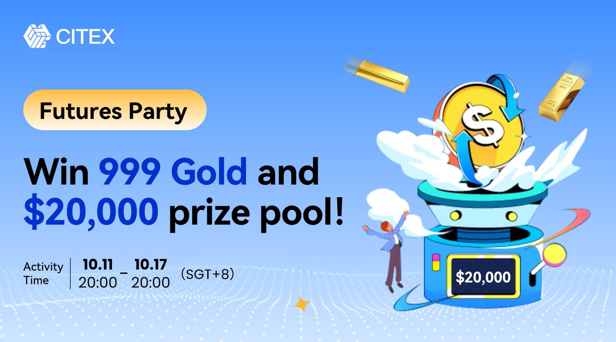 👏👏
#Futures Party, Win 999 Gold and $20,000 prize pool！

⏰2023/10/11 20:00 -10/17 20:00(SGT+8)    

✅Follow@Citexofficial   
✅RT &amp; Tag 3 frds &amp; Like

Do tasks ! 200 Luckyers can share $300 Tokens

👉JOIN：gleam.io/FJT88/citex-ai…

👉More:citex.io/en_US/noticeIn…
#Airdrop