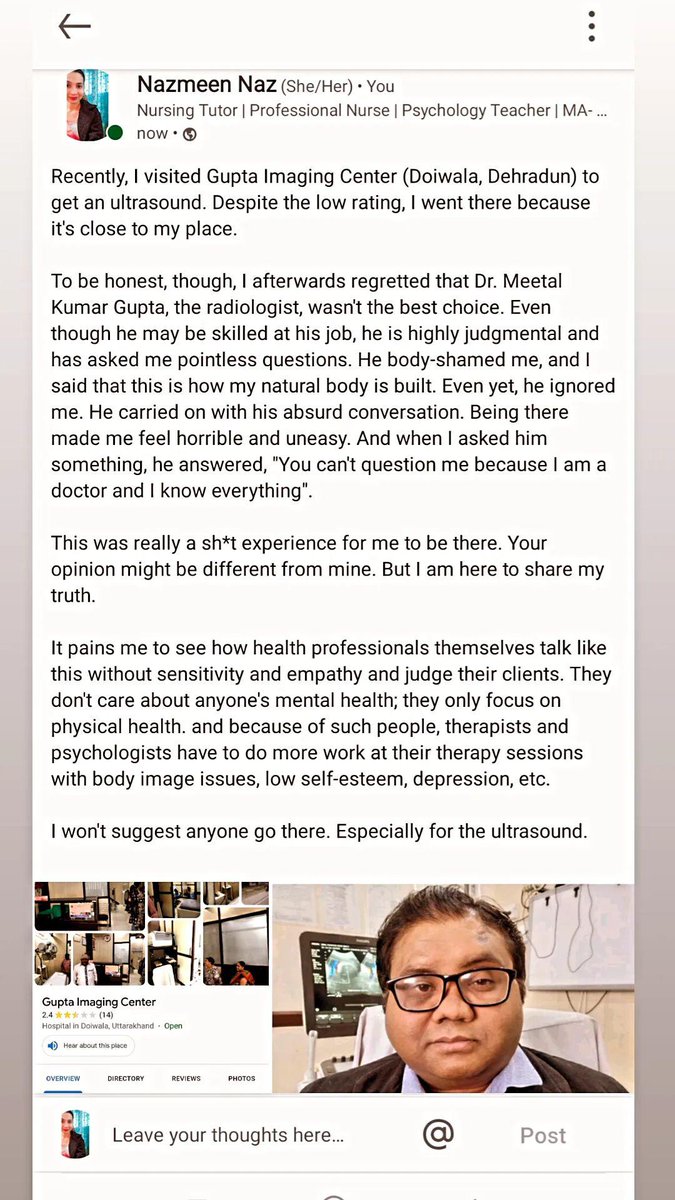 NazneenNaz6's tweet photo. An example of a judgmental health professional. Dr. Meenal Kumar Gupta (Consultant Radiologist) https://t.co/At3GJYOf9V
