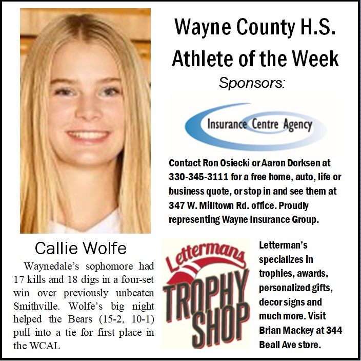Please join us in congratulating Callie Wolfe on being nominated as our Athlete of the Week! Congratulations, Callie! 🏆🏐
<a href="/GoldenBearsVol1/">Golden Bears Volleyball</a> 
<a href="/WaynedaleSports/">Waynedale Athletics</a>